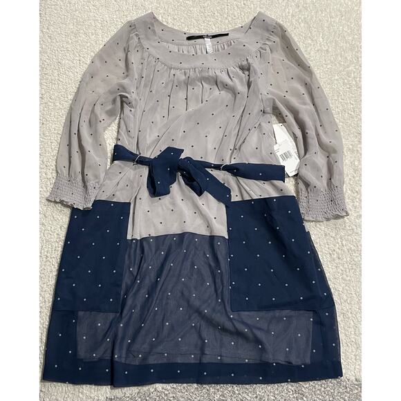 NWT Kensie Dress Colorblock Polka Dot Belted Womens Small Gray Blue Long Sleeve - Picture 1 of 12